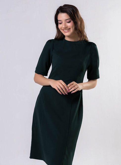 Round Neck Shift Dress With Flaps-Dark Green